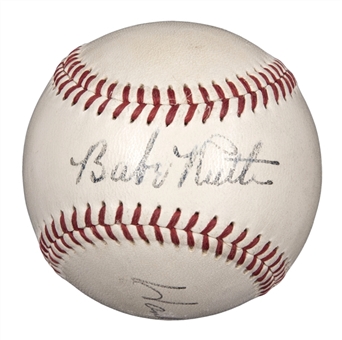 Babe Ruth and Hank Aaron Dual Signed OAL Harridge Baseball with Ruth on Sweet Spot (PSA/DNA 8)